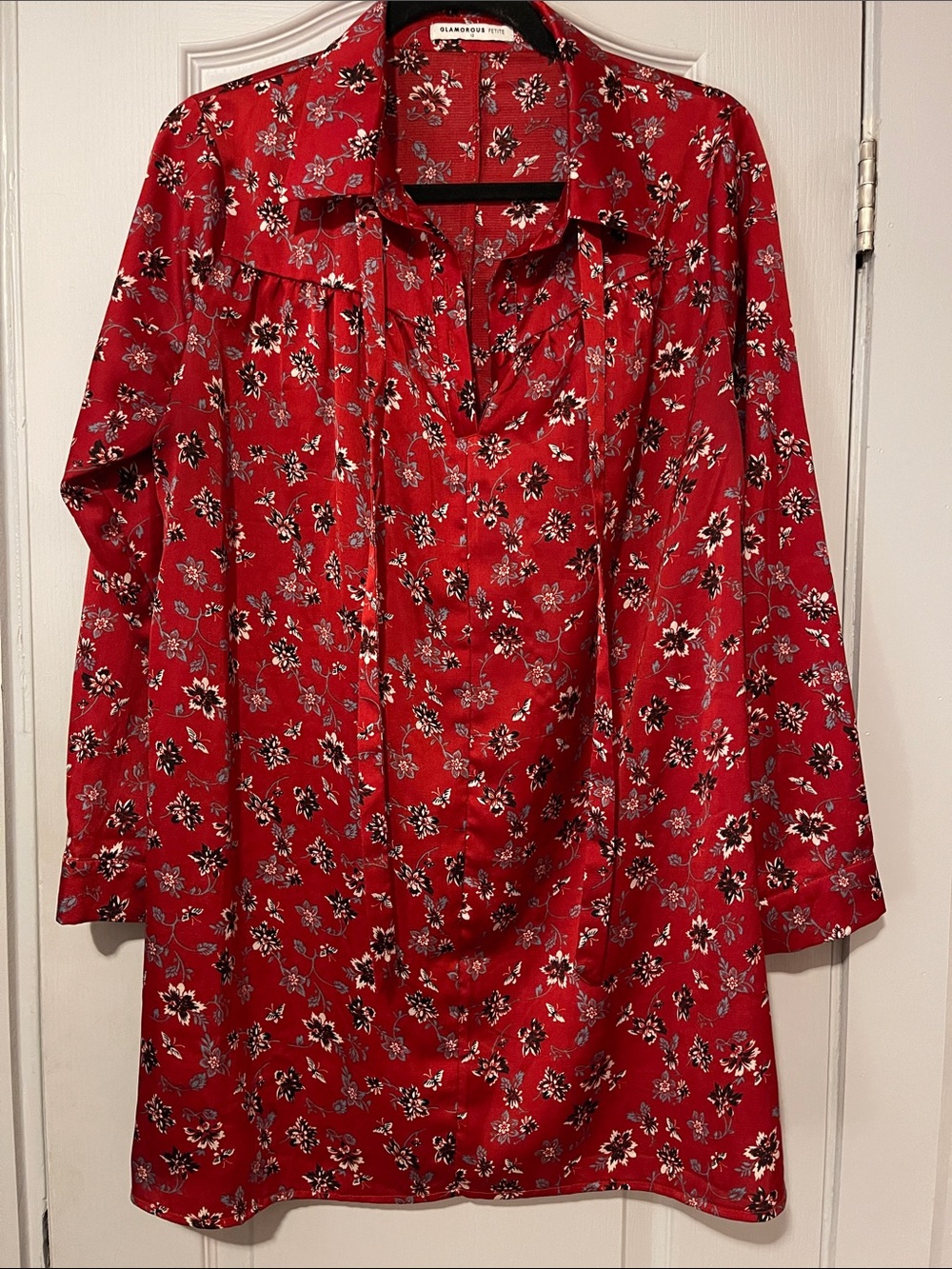 Collared Red Floral Long-Sleeve Mini Dress